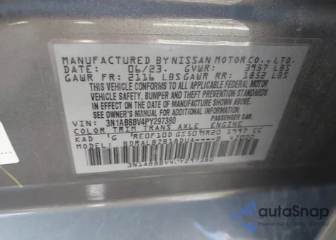 2023 Nissan Sentra S Xtronic Cvt z USA, uszkodzony, nr VIN 3N1AB8BV4PY297380